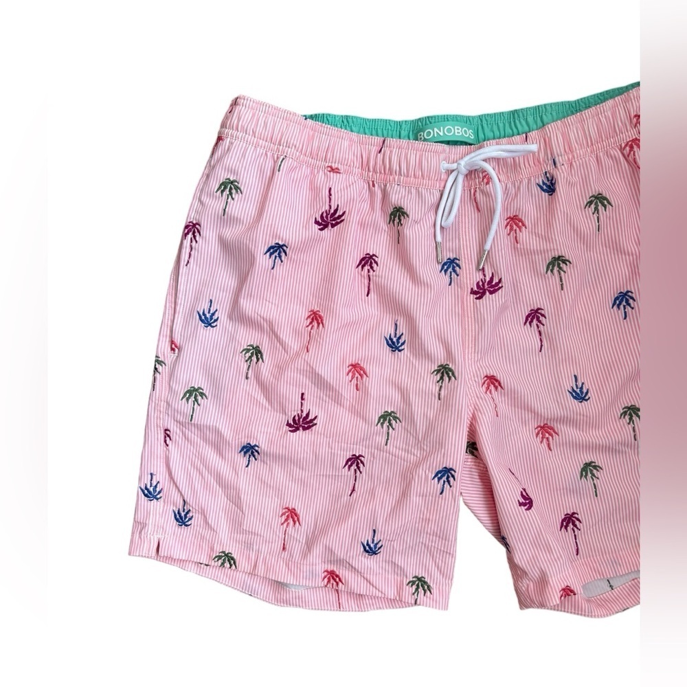 Bonobos Riviera Recycled Swim Trunks Pink Stripes Palm Trees 7” Inseam Size L - Picture 4 of 10